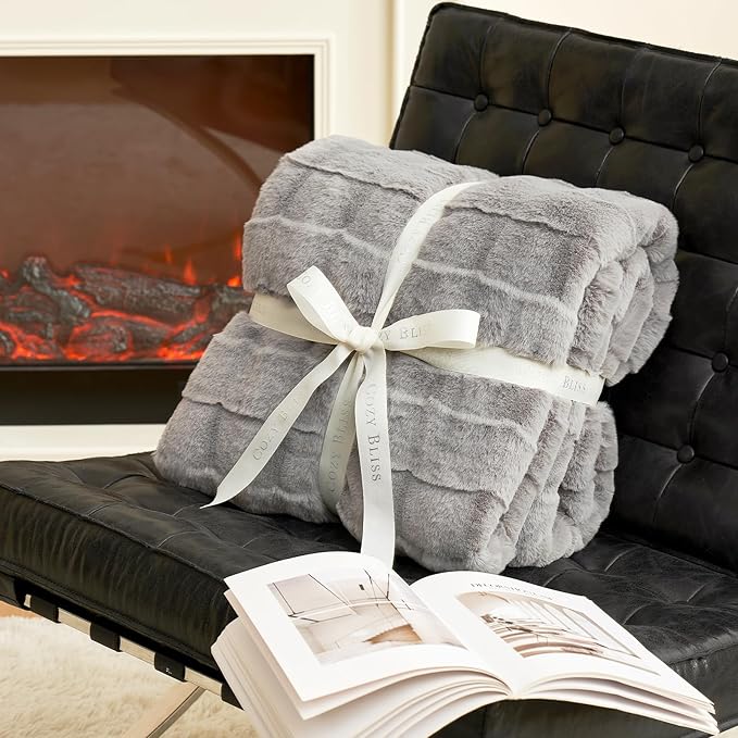 Cozy Bliss Fluffy Faux Fur Throw Blanket for Couch,Warm Cozy Soft Grey Throw Blankets for Sofa Bed Living Room,50x60 Inches