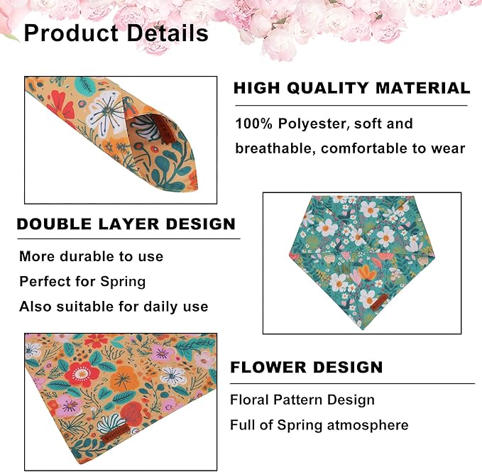 ADOGGYGO Floral Dog Bandana, Orange Green Flower Pet Scarf, Adjustable Fit Floral Bandanas for Small Dogs Pets (Small)