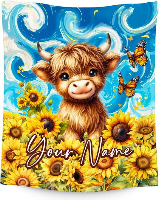 Kids Blanket - Custom Highland Cow Blankets for Toddler/Teens/Women - Flannel Soft Sunflower Throws for Room Decor - 4 Sizes