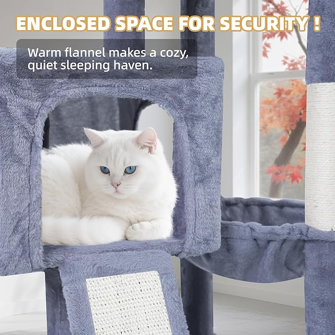 TWDEPART 37.5" All-in-One Cat Tree Tower with Scratching Board & Posts Cozy Sleeping Perch Hammock and Toy Balls,Grey
