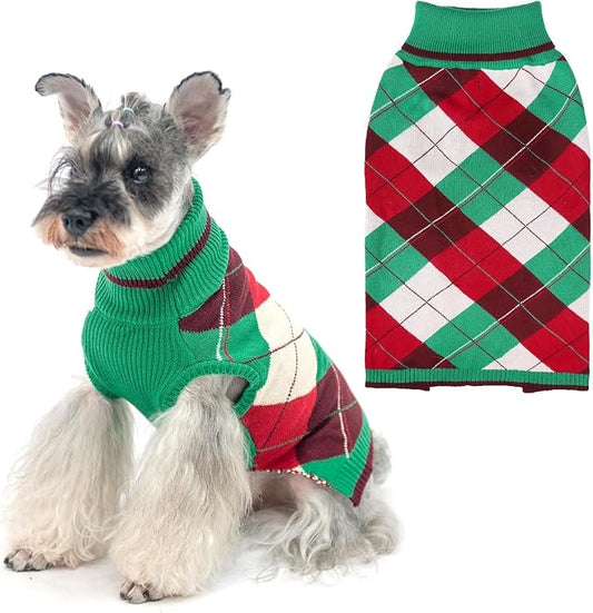 KOOLTAIL Dog Christmas Sweater Pet Knitted Clothes - Classic Plaid Pull Over Turtleneck Dog Sweaters with Leash Hole Warm Dogs Winter Clothing for Small Medium Dogs Cats Puppy (Green & Red SM)