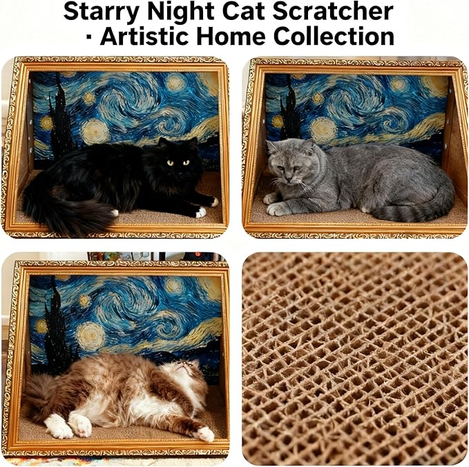 Horizontal Oil Painting Cat Scratcher& Bed - Durable Art Frame with Replaceable Art, Cat House for Indoor Cats Simple-Assembled Bed Creative Home Decoration(Starry Night &Sunflower)