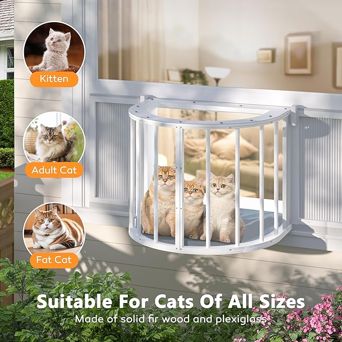 BlueWish Cat Window Box, Semicircular Adjustable Cat Window Perch, Wooden Window Catio Fits Vertical Window Frames 26" to 42" Wide, Sunbathing, Napping & Overlooking