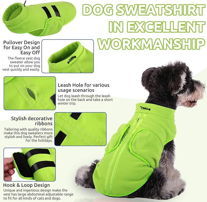 Queenmore Small Dog Sweaters, Soft Fleece Vest Pullover Dog Jacket with Leash Hole, Warm Winter Dog Clothes Cold Weather Doggy Dachshund Sweater for Small Dogs Cats Boy or Girl (Green, S)