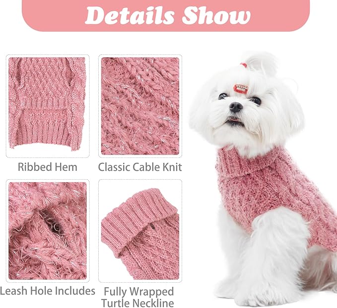 Turtleneck Small Dog Sweaters - Classic Cable Knitwear Winter Coat for Small Medium Dogs Male Female Puppy Dog Cold Weather Clothes Girls Boys, Light Pink, S