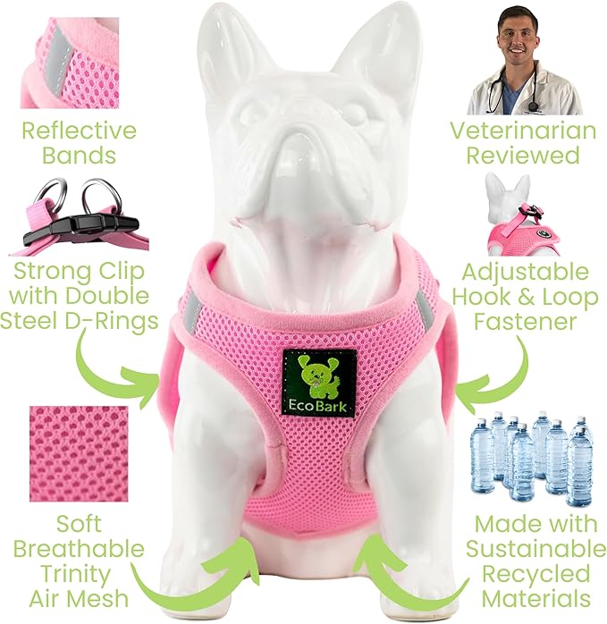 EcoBark Step in Dog Harness - Eco-Friendly Small Breed Dog Harnesses for XXS, XS, and Small Dogs - Reflective and Adjustable Mini Body Halter Vest - Tiny Soft Mesh Toy Breed Harness (Baby Pink, XS)