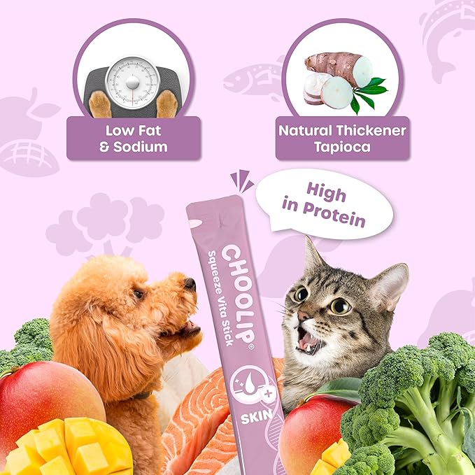 Choolip Squeeze Vita Stick Lickable Cat and Dog Treats – 7-Count Skin and Coat Support Sticks with Multivitamins, Soft Squeezable Paste for All Life Stages, Supporting Skin and Coat Health