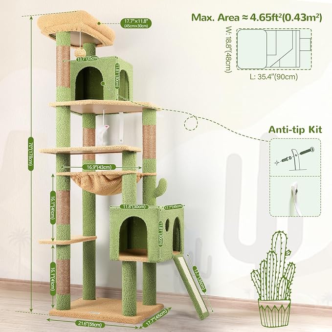 Globlazer Cactus Cat Tree Tower, 70inch Heavy Duty Cat Tree for Indoor Cats Sturdy Large Cat Tower with Scratching Post and Scratching Board, Hammock, Cat Condo for Adult Cats Kittens, F70 Pro, Green