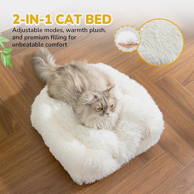 CATISM Cat Bed, Cat Cave for Indoor Cats, Soft Cat Dome, Self-Warming 2 in 1 Foldable Pet Cat House with Washable Cushioned Pillow Calming Fluffy Dog Beds for Small Dogs with Anti-Slip Bottom White