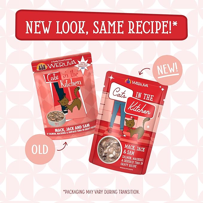 Weruva Cats in The Kitchen Mack, Jack & Sam with Mackerel, Skipjack & Salmon in Gravy Cat Food, 3oz Pouch (Pack of 12)