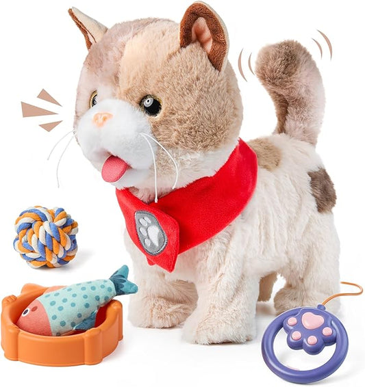 TUMAMA Toy Cat for Kids, Cute and Realistic Kitty Toy That Walks, Meows, Tongues Out and Wags Tail, Interactive Electronic Cat Plush Toy with Leash, Best Gift for Boys and Girls Ages 3 4 5 6 7