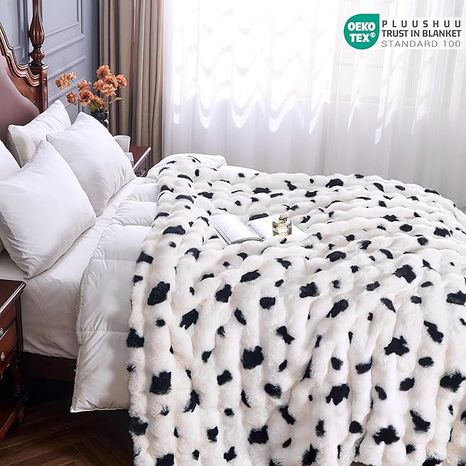 Faux Fur Throw Blanket for Couch, Fluffy Fuzzy Plush Bubble Blanket, Soft Warm Cozy Shaggy Rabbit Blanket, Luxury Decorative Gifts for Sofa Bedroom Living Room, 60x50inch (Cow Color)