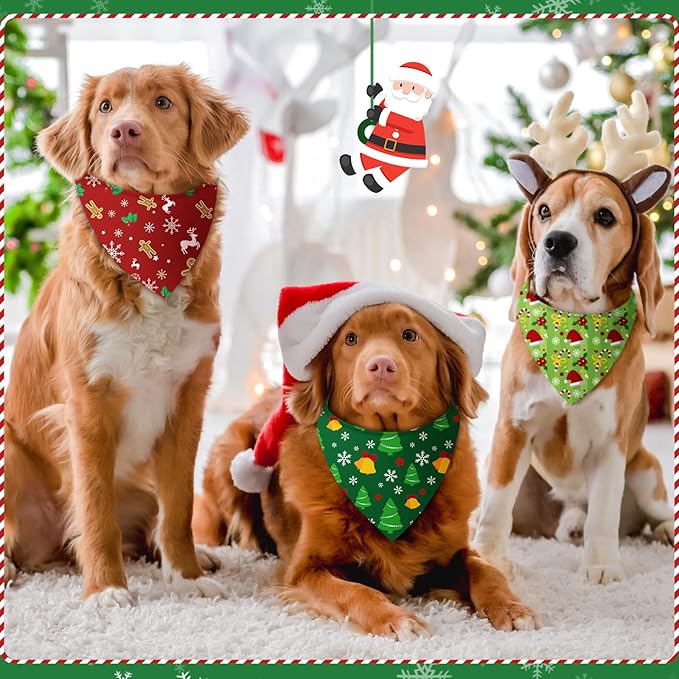 Chunful 60 Pcs Christmas Bandanas for Dogs Xmas Bandanas Bulk with Santa Snowflake Candy Cane Patterns Soft Bibs Adjustable Triangle Doggie Scarf for Small Medium Large Pet (25.6 x 17.7 x 17.7 Inch)