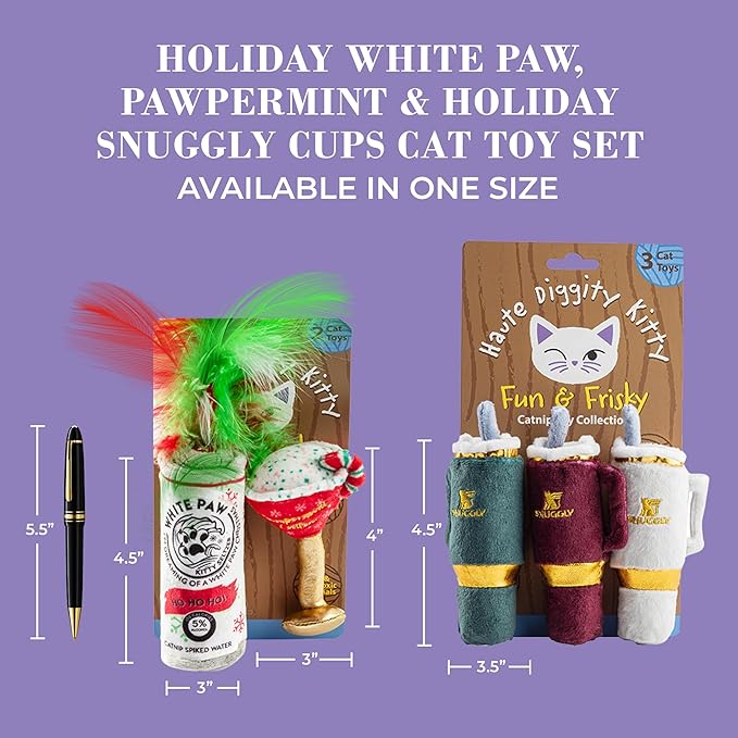 Holiday White Paw & Pawpermint Cattini + Holiday Snuggly Cups Set, Plush Cat Toys Catnip Filled with Interactive Crackle Sound, Safe & Durable Toys for Cat & Kitten, 5 Pcs
