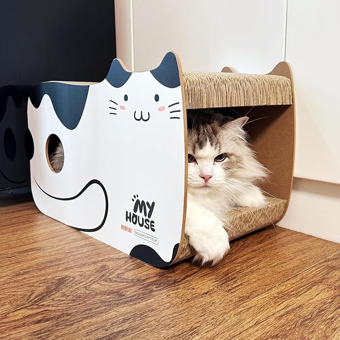 TTCAT Cute Kawaii Cat House Cat Scratching Pad Corrugated Cardboard Cat Scratcher Lounge, Durable Cat Scratching Board with Catnip for Furniture Protection.Black+White