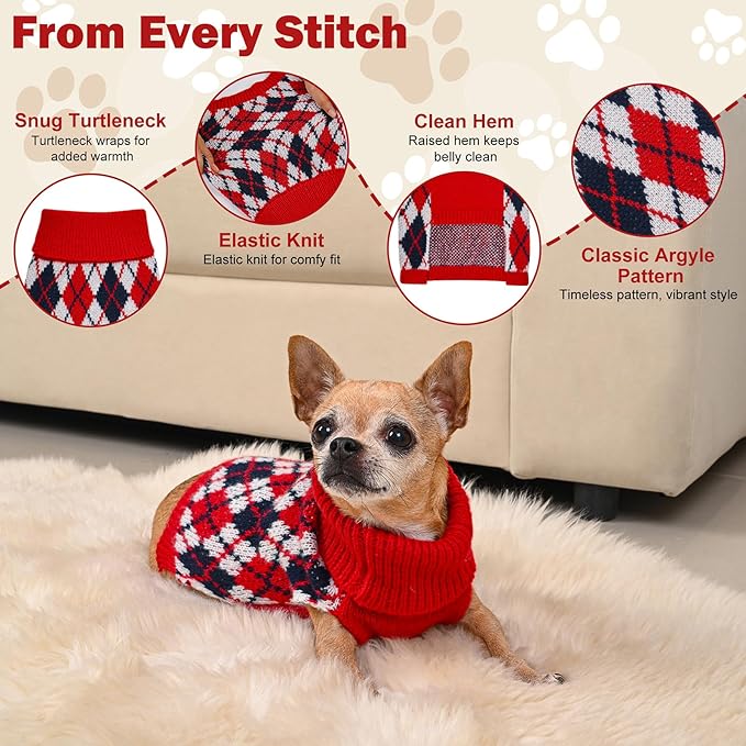 Dog Sweater for Small Dogs Plaid Checkered Knit Turtleneck Pullover Winter Clothes Boys Girls Stretch Puppy Doggie Chihuahua Yorkie Toy Poodle Pomeranian Christmas Pet S