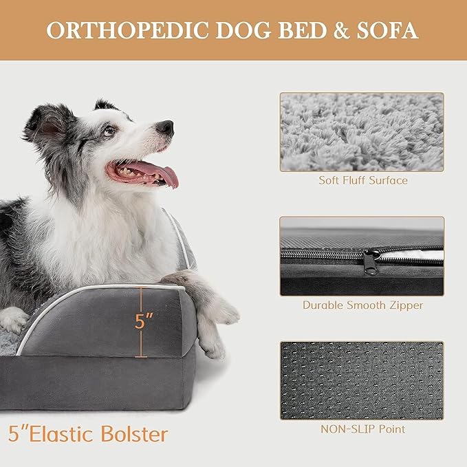 Comfort Expression Orthopedic Dog Bed for Extra Large Dogs 45x35 Inch, Waterproof Supportive Egg Crate Foam XL Pet Bed with Removable Bolsters, Dog Couch with Washable Cover & Non-Slip Bottom, Grey