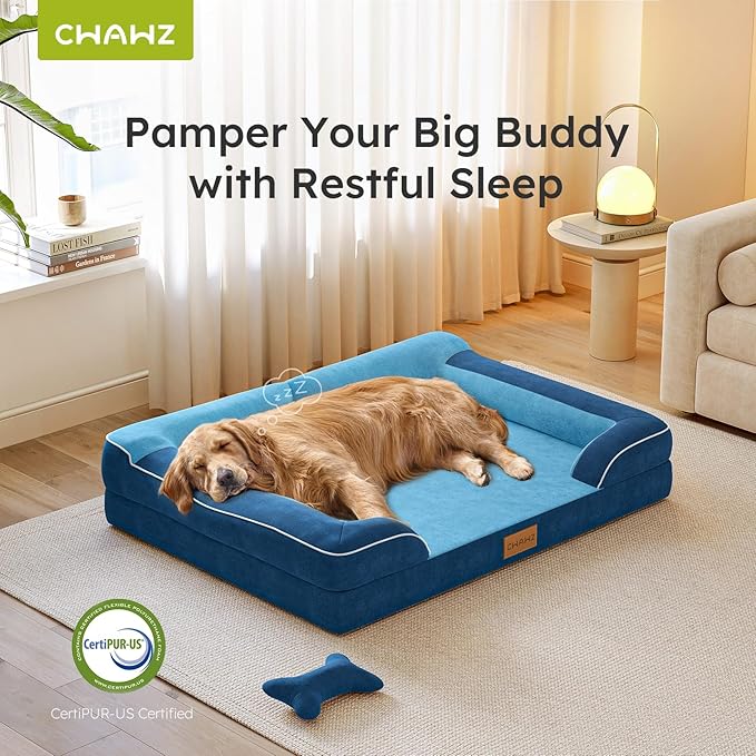 Extra Large Dog Bed, Orthopedic Dog Bed with Cooling Gel Memory Foam, Waterproof XL Pet Bed with Removable Washable Cover, 42" Pet Sofa Couch Dutch Velvet with Bone Toy, Navy Blue