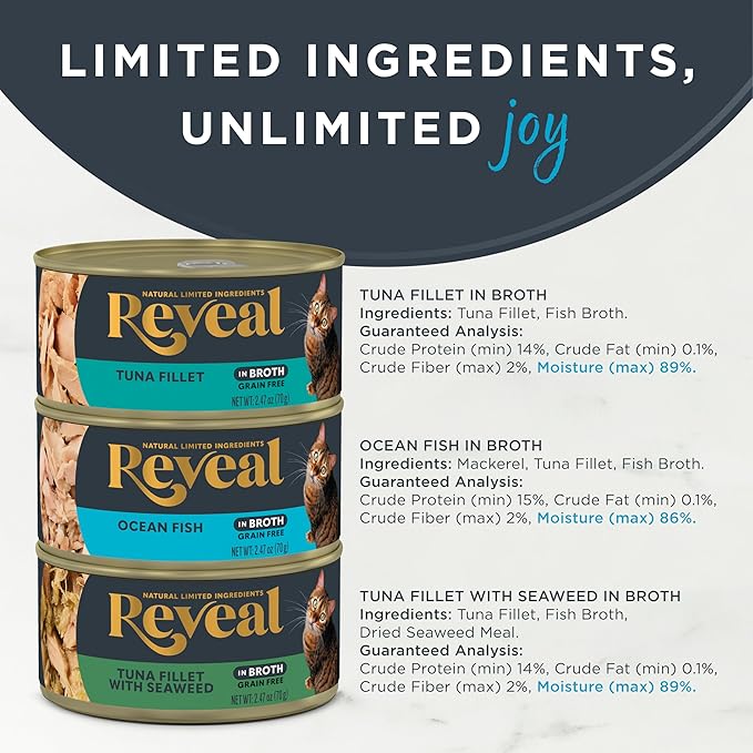 Reveal Natural Wet Canned Cat Food, Limited Ingredient, Grain-Free, High Protein with No Artificial Additives, Fish Variety in Broth (12 x 2.47 oz Cans)