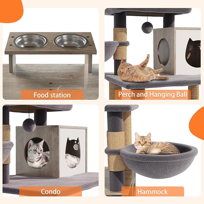Cat Tree with 2 Litter Box Enclosures, All-in-One Cat Tower, Cat Condo with Sisal Scratching Posts, Hammocks, Detachable Plush Ball, Wooden Cat Furniture with Large Platforms, Grey