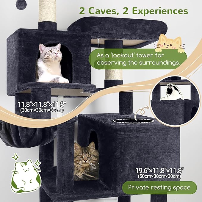 Globlazer Cat Tree Tower, 76-Inch Extra Tall Multi-Level Cat Furniture with Cozy Condos, Hammock and Perches for Adult Cats, Perfect for Climbing, Scratching, and Play, F76, Dark Grey