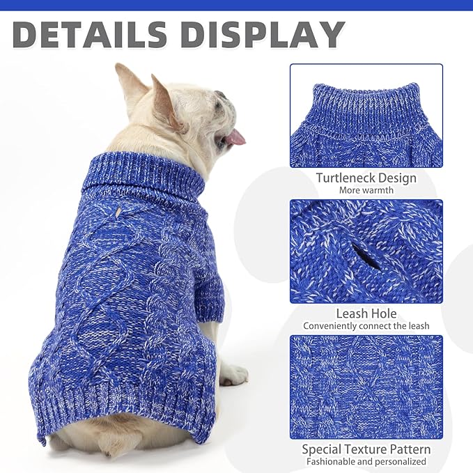 KOOLTAIL Dog Sweater for Large Medium Small Dogs, Fall Dog Sweaters, Turtleneck Cable Knitwear Pet Cold Weather Coats with Leash Hole, Warm Winter Pullover Clothes for Bulldog, Yorkie,Boy Girl, Blue L