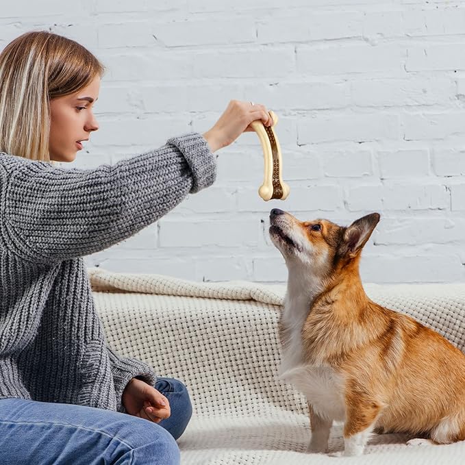 Sosation Bones Shaped Dog Toys for Aggressive Chewers, 2 Pack Dog Chew Toys Puppy Teething Nylon Beef Flavor for Large/Medium/Small Puppies Breeds(Curved Bone,Large, Medium)