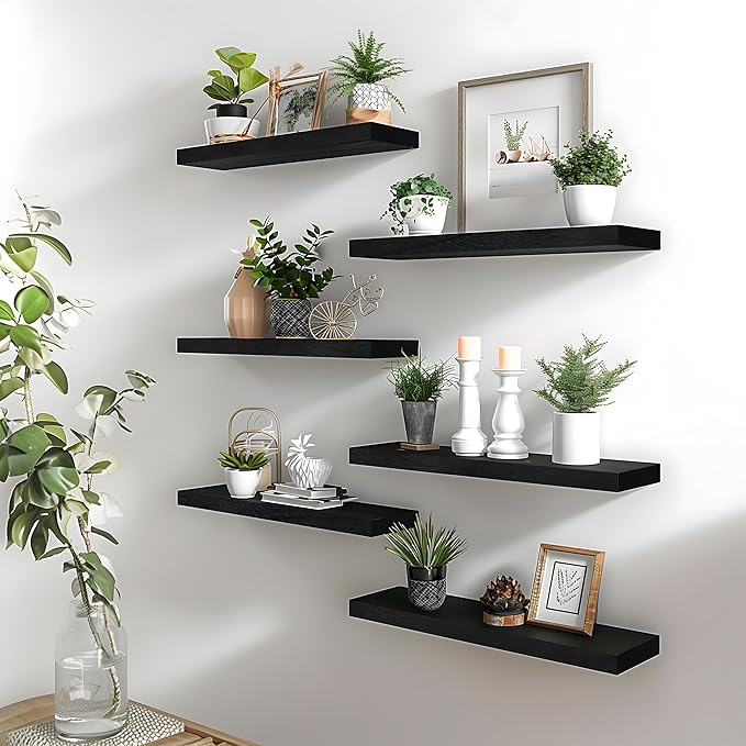 Black Wood Floating Shelves for Wall Rustic Wall Shelf for Bedroom Living Room Set of 4