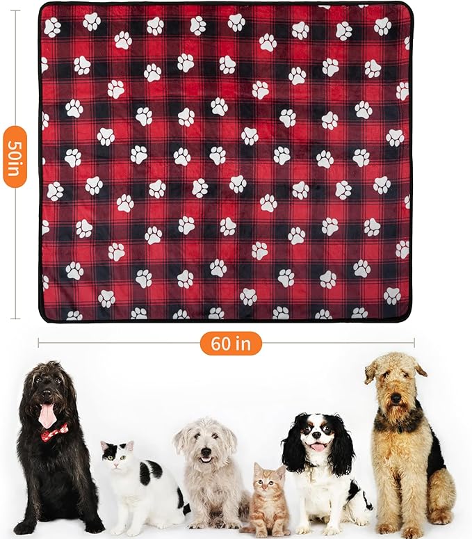 Waterproof Dog Blankets Pet Blanket 50"x60", Soft Fluffy Sofa Car Bed Protector, Reversible Sherpa Fleece Dog Blanket for Large Dogs Christmas Decor(Paw Red)