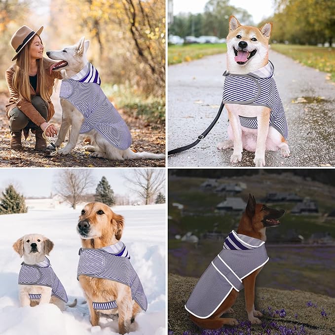 Dog Raincoat for Small Dogs Puppies Waterproof Hooded Rain Jacket with Reflective Strips Leash Hole & Poncho Adjustable Fit (Bluestripe,XS)