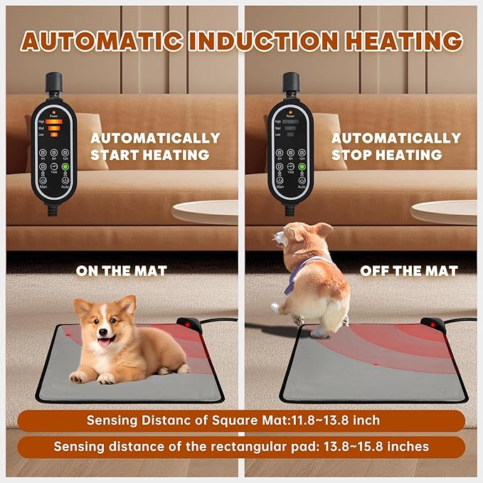 Pet Heating Pad for Cats & Dogs,Safe Electric Cat Warming Pad with Chew Resistant Cord,Automatic Induction Heated Cat Bed,Adjustable Temperature & Time (17.7" x 17.7")