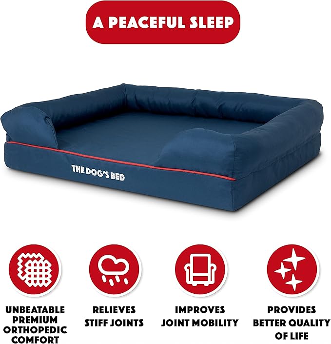 The Dog’s Bed, Large Oxford Blue/Red Memory Foam, Pain Relief: Arthritis, Hip & Elbow Dysplasia, Post Surgery, Lameness, Supportive, Calming, Waterproof Washable Cover