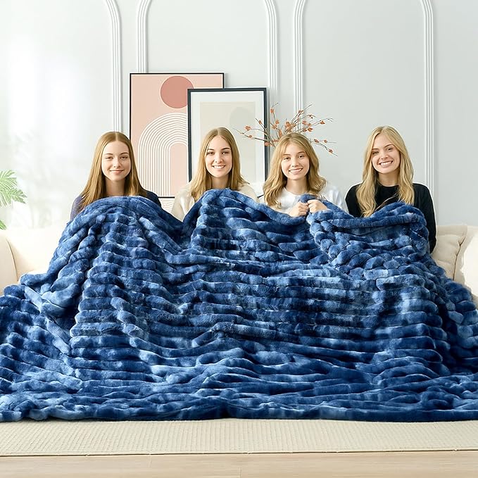 Cozy Bliss Faux Fur Throw Blanket for Couch, Cozy Warm Plush Striped Blanket for Sofa Bedroom Living Room, 90 * 90 Inches Tie-dye Blue