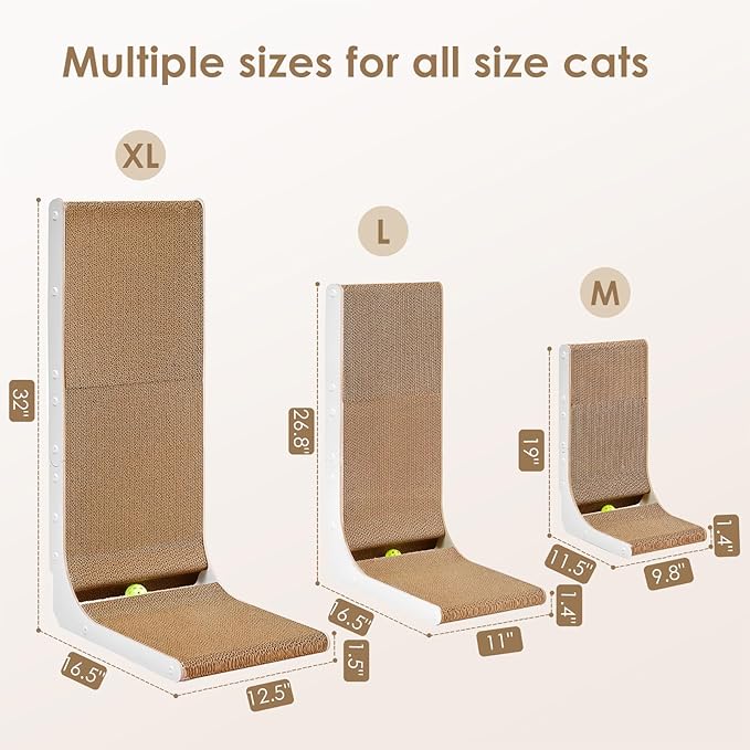 EHEYCIGA Cardboard Cat Scratcher for Indoor Cats, 26.8 Inch L Shaped Vertical Cat Scratching Board with Ball Cat Toy, Large Cat Scratcher Pad, White