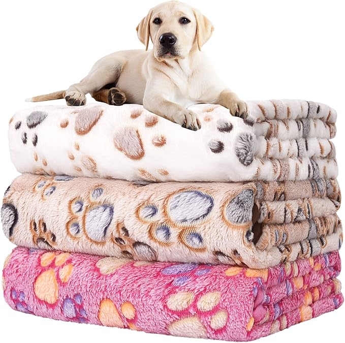 Rezutan Dog Blankets for Large Dogs, Upgraded 3 Pack Dogs Cat Blanket Washable 41" x 31", Soft Pet Throw Cover Suitable for Kennel Crate Bed, Cute Paw Pattern, White/Brown/Pink