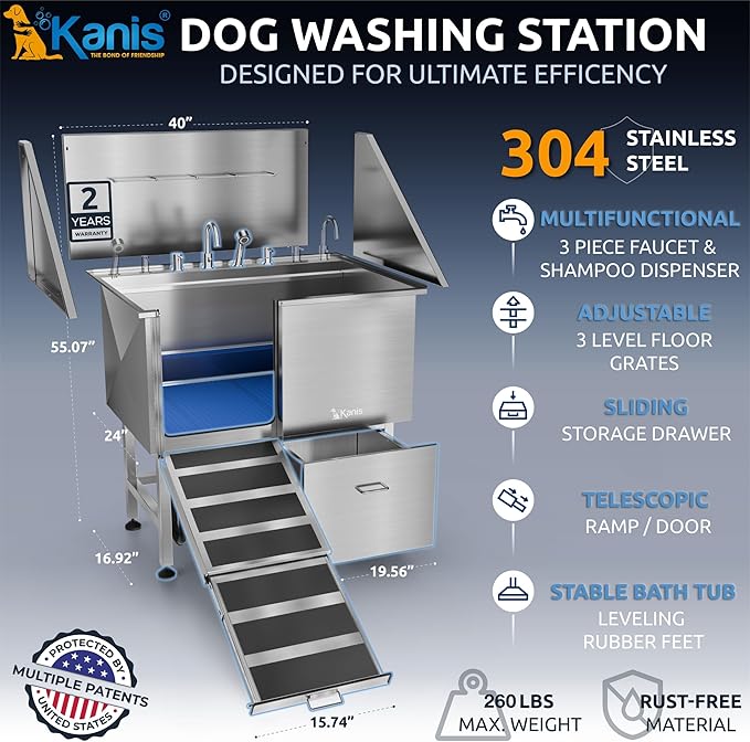 KANIS Professional Dog Washing Station - 304 Stainless Steel Pet Wash Sink & Grooming Bathtub w/Shower, Floor Grates and Storage for Large, Medium & Small Pets (40", 1 Drawer - Left Ramp)