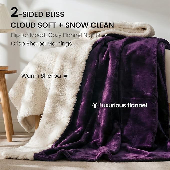 gogobunny Waterproof Bed Blanket, Reversible Sherpa Fleece Throw Blanket for Dog Puppy Cat, Furniture Cover Protects Bed Couch Sofa from Liquid Pee and Pet Fur (Dark Purple, 90x108 inches)