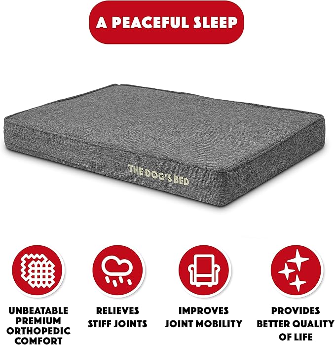 The Dog’s Bed Orthopedic Memory Foam Dog Bed, Medium Grey Poly-Linen, Pain Relief for Arthritis, Hip & Elbow Dysplasia, Post Surgery, Lameness, Supportive, Calming, Waterproof Washable Cover