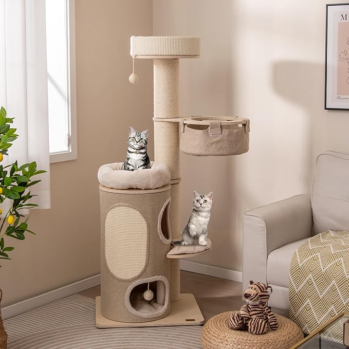 PETSITE 61 inch Cat Tree Tower, Multi-Level Wooden Cat Tower with Sisal Scratching Posts & Board, 2-Tier Condo, 2 Perches, Side Basket, and Interactive Sisal Ball