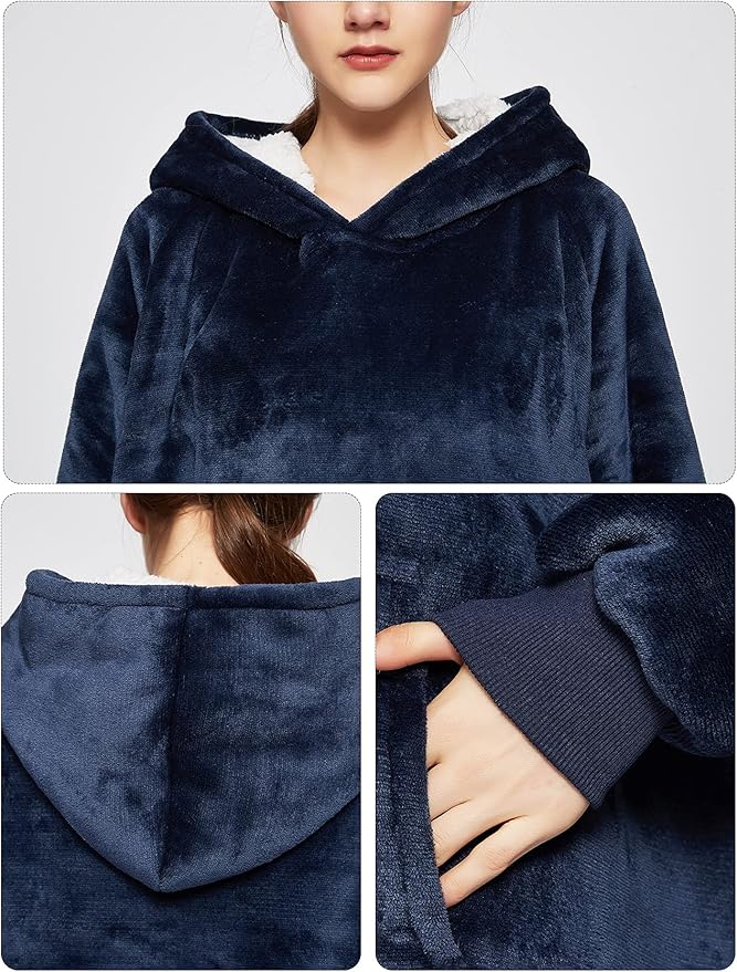 KFUBUO Wearable Blanket Hoodie for Adults Sherpa All Patterns Oversized Sweatshirt Blanket with Pockets Gifts for Mom Navy