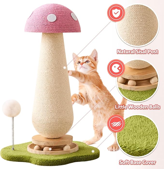 Mushroom Cat Scratching Post Cat Tree, 21.5‘’ H Cute Cat Scratcher Tower with Durable Solid Wood Turntable Toy, Baby Pink Mushroom Scratch Post Cat Sisal Scratcher with Catnip for Indoor Adult Cats