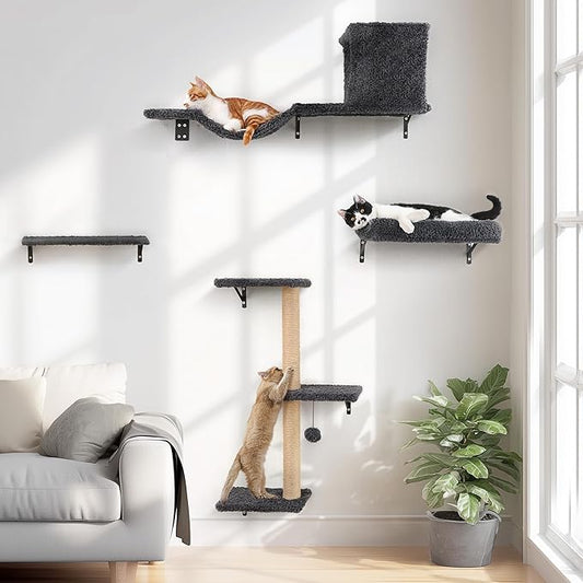 FUKUMARU Cat Wall Shelves, Stable & Safe 4 in 1 Cat Furniture Set, Wooden Climbing Wall with Scratching Post for 16 Inch Drywall - Gray