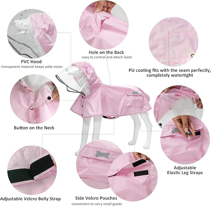 Waterproof Dog Raincoat, Adjustable Reflective Lightweight Pet Rain Clothes with Poncho Hood (Light Pink, XX-Large)