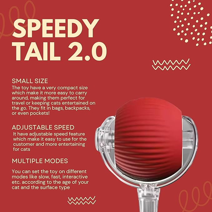 Speedy Tail 2.0 Cat Toy, 360°Automatic Rolling Ball, Smart Interactive Cat Toy, Smart Jumping Ball for Dogs, Speedy Tail 3.0, Automatic Dog Walker (Red)