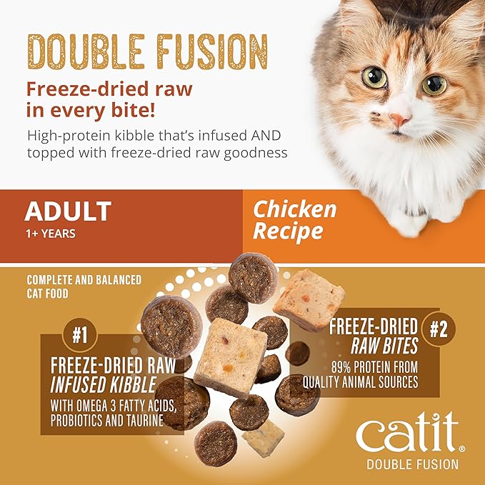 Catit Recipes Double Fusion Adult Cat Food – Chicken Recipe, High-Protein, Freeze-Dried Raw Toppings, No by-Products, Minimally Processed for Optimal Nutrition, 4 lb