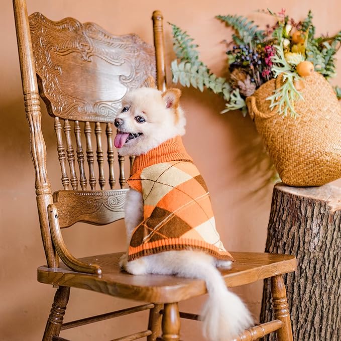 KOOLTAIL Dog Sweater Pet Knitted Clothes - Classic Plaid Pullover Turtleneck Fall Thanksgiving Dog Sweaters with Leash Hole, Thick Cold Weather Dog Outfits for Small Medium Large Dogs Cats Puppy SM