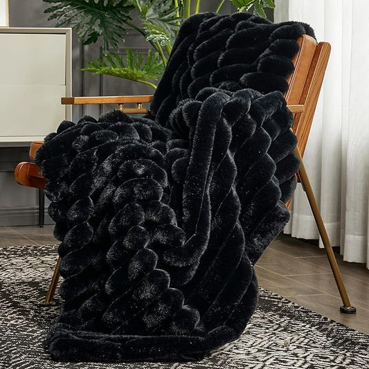 Cozy Bliss Faux Fur Throw Blanket for Couch, Cozy Warm Plush Striped Blanket for Sofa Bedroom Living Room, 50 * 60 Inches Black
