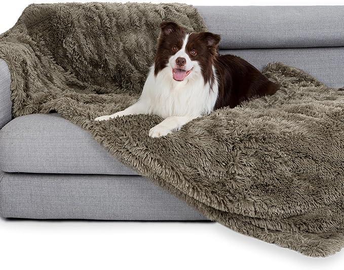 gogobunny Waterproof Dog Blanket for Large Dogs, Cats, Puppy, Reversible Faux Fur Pet Throw Blanket, Washable,Calming Furniture Protection for Sofa Bed (33x77 Inch (Pack of 1), Stone)