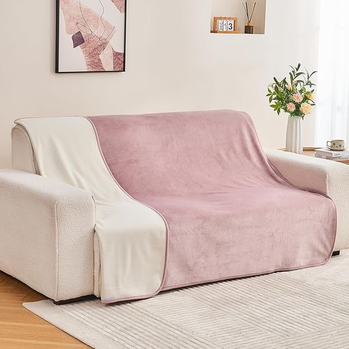 Waterproof Blanket 60"x80" for Adults, Reversible Waterproof Bed Cover for Dogs Cats Pets, Soft Leakproof Blanket for Bed Couch Sofa Furniture Protector, Dusty Pink/Off White