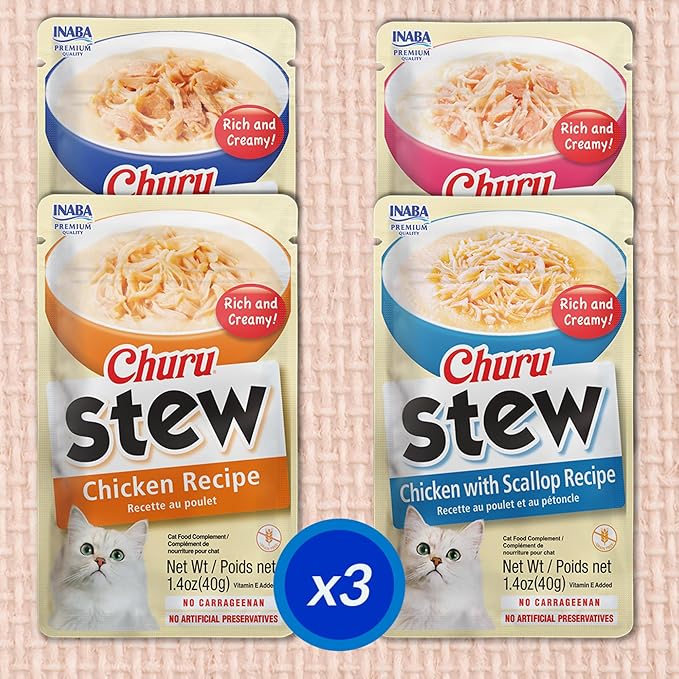 INABA Churu Stew for Cats, Side Dish Pouch with Vitamin E, 1.4 Ounces per Pouch, 12 Pouches, Chicken & Seafood Variety